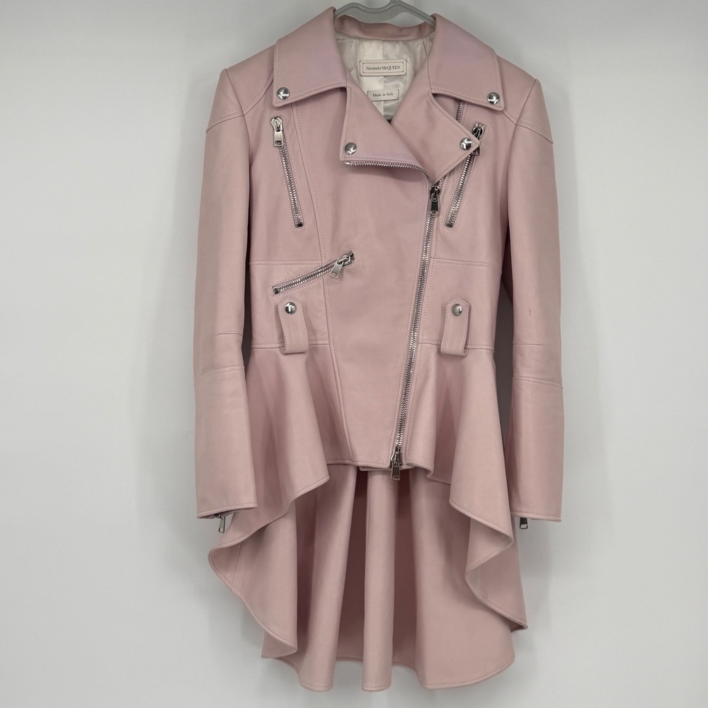 Alexander McQueen Pink Leather Peplum Biker Moto Jacket IT 38 US 2